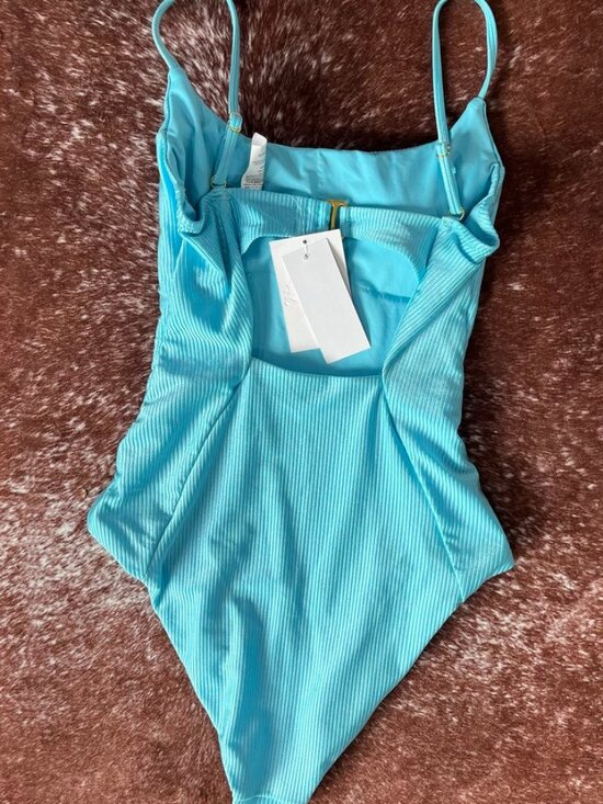 Becca Monte Carlo Belted Rib One Piece Swimsuit Bright Oasis Blue Small - Picture 5 of 16
